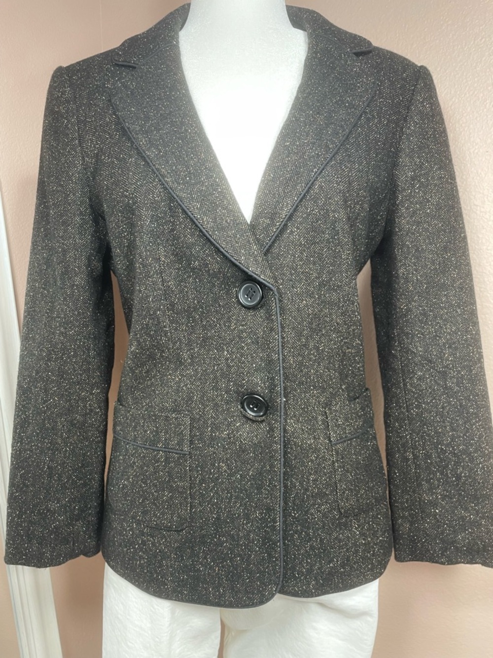 Amber Sun Black Gold Herringbone Tweed Blazer Jacket Size‎ 10 Martingale Back